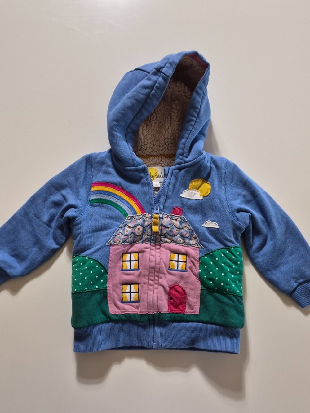 Baby Boden Sherpa Lined Zip Hoodie 18-24M Rainbow Swan Blue  House Applique